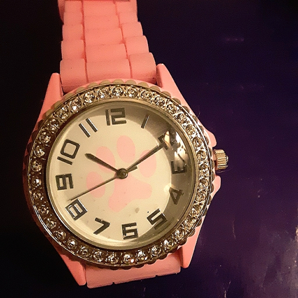 Paw print watch with rhinestones, pink strap, NWOT..